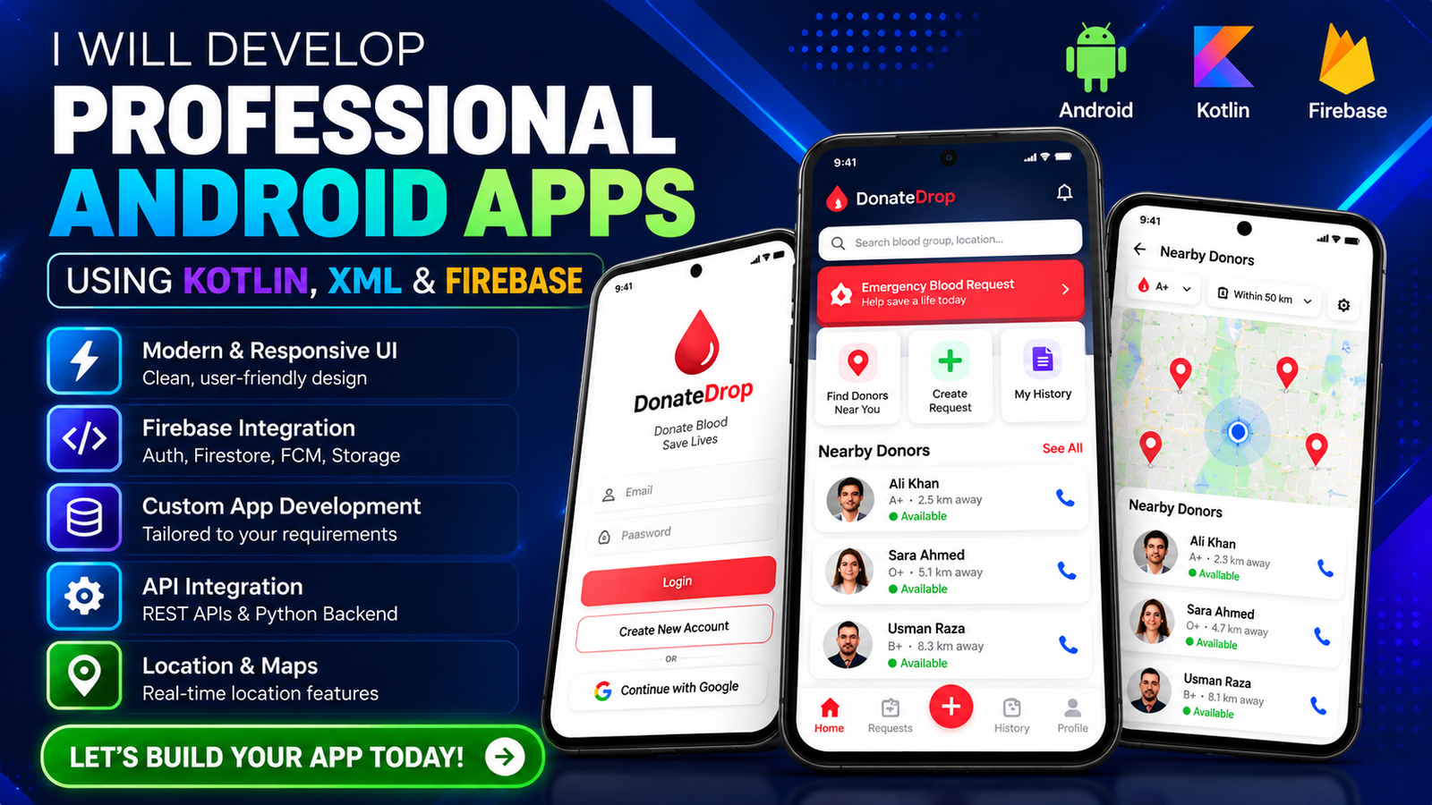 I will develop professional Android Apps using Kotlin, XML, and Firebase.
